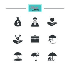 Insurance icons. Life, Real estate and House signs. Saving money, vehicle and umbrella symbols. Black flat icons. Classic design. Vector