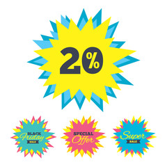 Sale stickers and banners. 20 percent discount sign icon. Sale symbol. Special offer label. Star labels. Vector