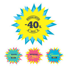 Sale stickers and banners. 40 percent discount sign icon. Sale symbol. Special offer label. Star labels. Vector
