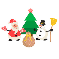 Santa Claus and Snowman cartoon vector illustration. New Year personages in front of tree and gift bag.