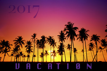 New Year 2017 concept - Silhouetted of coconut tree during sunrise with word "Vacation"