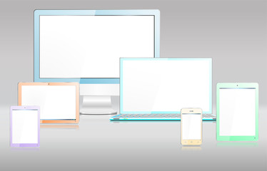 Realistic Colored Modern Computer Devices with monitor, laptop, tablet, mini tablet and smartphone each device grouped on a separate named layer