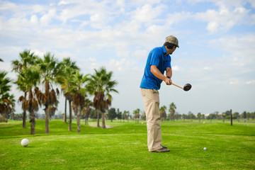 Retro vintage image rear view of male golfer holding wooden golf club, green field outdoors...