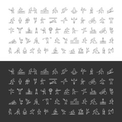 Large line set of sports icons. Vector linear symbol of sportsmen.