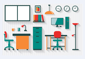 Office with Filing Cabinet Furniture and Fittings Long Shadows - All items grouped separately and easy to move or edit
