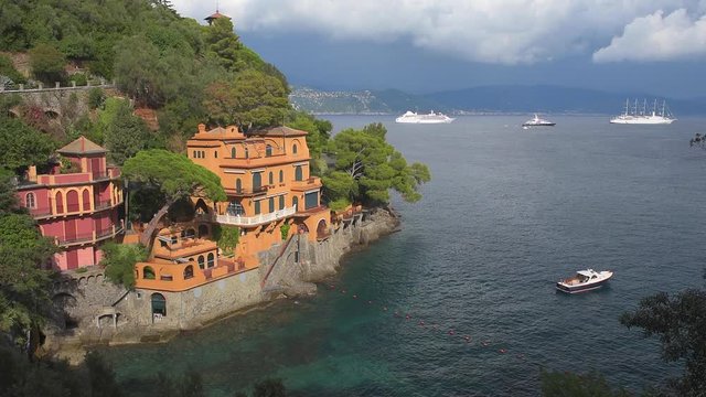 Beautiful coastline with Ligurian architecture in Portofino national park in Italy.