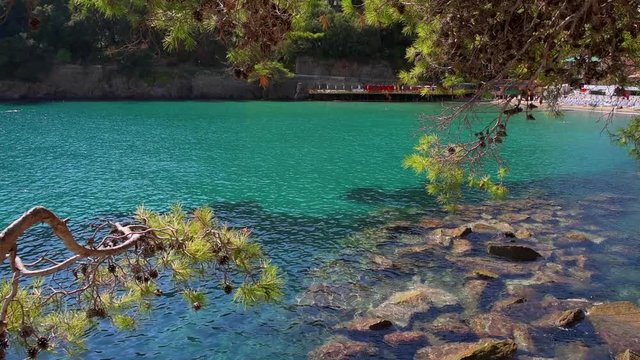 Crystal waters of the Ligurian sea at Paraggi bay in Portofino national park in Italy.