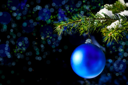 Christmas tree branch with snow and blue ornament