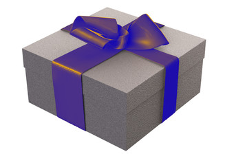 Striped Present box with gifts tied violet bow on white background. 3d illustration