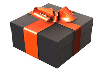 Striped Present box with gifts tied red bow on white background. 3d illustration