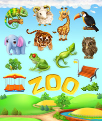 Funny animal set. Elephant, giraffe, tiger, chameleon, toucan, owl, sheep, frog. Zoo 3d vector icon set