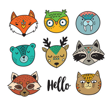 Set of vector animal faces in Scandinavian style