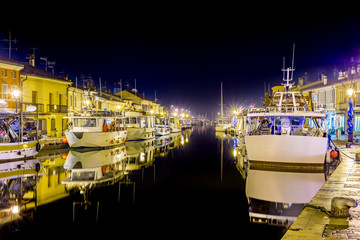 night view of moored boats