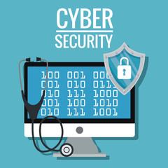 Computer stethoscope and shield icon. Cyber security system warning and protection theme. Vector illustraton