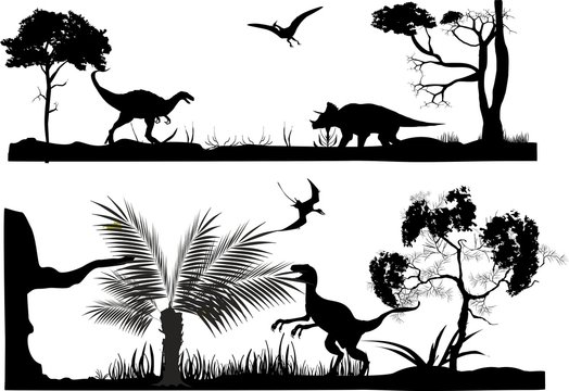 Horizontal monochrome vector silhouettes illustration of ancient dinosurus wildlife scenes