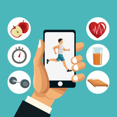 Man running smartphone and icon set. Healthy lifestyle fitness sport and bodycare theme. Vector illustration