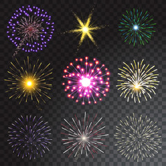 Set of coloured firework isolated on transparent background. Vector illustration
