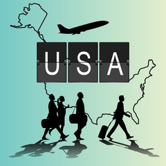 Infographic silhouette people in the airport for usa. flight