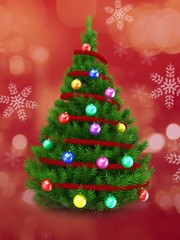3d illustration of green Christmas tree over red and snow background with red tinsel and colorful balls
