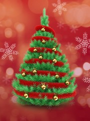 3d illustration of Christmas tree over red and snow background with red tinsel and golden balls