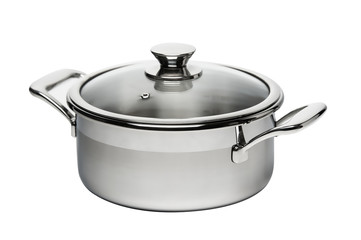 stainless steel cooking pot with glass lid isolated