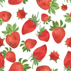 Watercolor painting Seamless pattern of strawberries and flowers