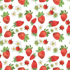 Watercolor painting Seamless pattern of strawberries and flowers