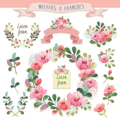 Vector illustration of a floral frame collection. A set of beautiful wreath with flowers and branches for wedding invitations and birthday cards