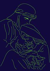Baby Jesus Mary and Joseph abstract line art green on blue background | Christmas season holiday