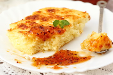 Portion of cottage cheese casserole