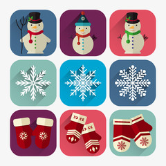 new year icon set of snowman, mittens and snowflakes, flat design style