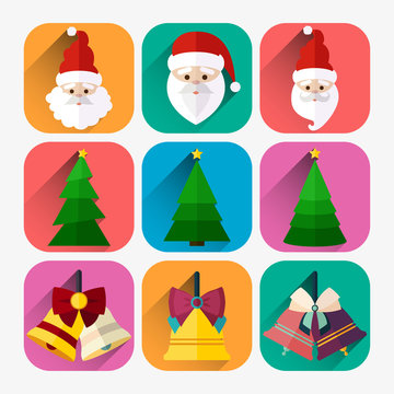 new year icon set of santa, christmas tree and christmas bell, flat design style