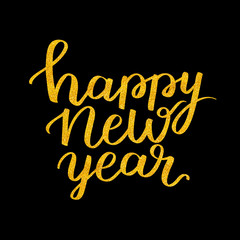 happy new year handwritten  illustration, golden ink brush pen lettering isolated on black background