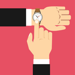 Man with clock checks the time. Vector illustration of wristwatch on the hand of businessman in suit.
