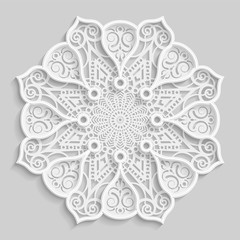 Lace 3D mandala, round symmetrical openwork pattern, lacy doily, decorative  snowflake, arabic ornament, indian ornament, embossed pattern, decorative design element,  vector