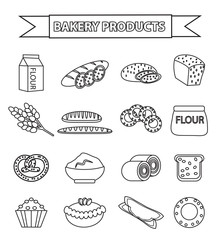 Bakery products icon set, line, outline, doodle style. Set of different bread and pastry isolated on white background. Flour products. Vector illustration