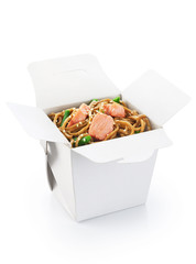 Chinese food. Noodles with vegetables and salmon isolated on whi