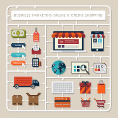 Creative thinking vector flat design model kits for business marketing online and online shopping tools