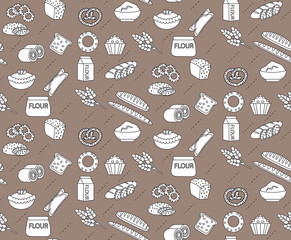 Bakery seamless pattern. Line, outline, doodle style. Bread and buns texture. Flour products endless background. bread and pastry backdrop. Vector illustration