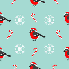 Christmas snowflake candy cane, bullfinch bird wearing red santa hat. Seamless Pattern Decoration. Wrapping paper, textile template. Blue background. Flat design.