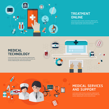 Online medical diagnosis and treatment. Flat design concepts for web banners and printed materials and promotional materials.