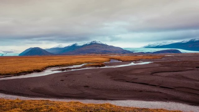 Time Lapse - Panning View of Running Rivers with Snowcapped Mountains
