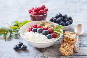 cottage cheese, muesli and fresh fruit for breakfast, selective focus