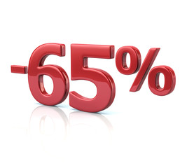 3d illustration of 65 percent discount in red letters on white background