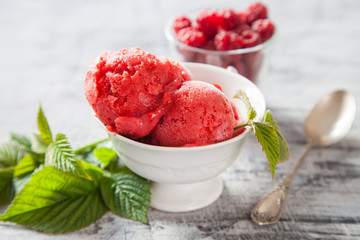 raspberry ice cream or sorbet with berries, selective focus - obrazy, fototapety, plakaty