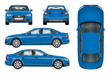 Obraz premium Blue car vector template on white background. Business sedan isolated. All elements in groups on separate layers. The ability to easily change the color.