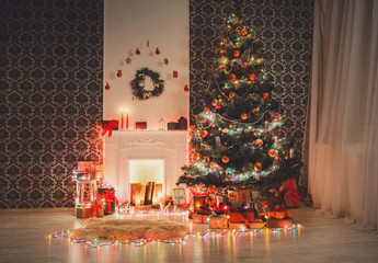 Christmas room interior design, decorated tree in garland lights