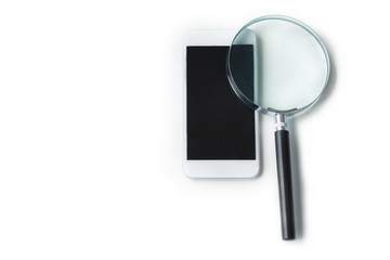 Two objects which are magnifying glass plus smartphone.