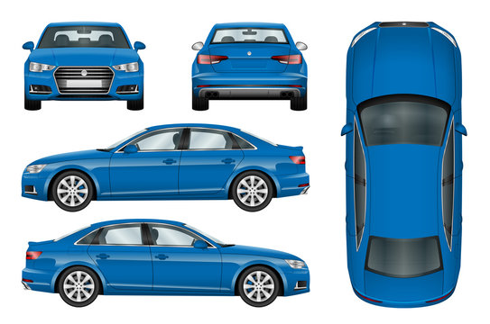 Blue car vector template on white background. Business sedan isolated. All elements in groups on separate layers. The ability to easily change the color.