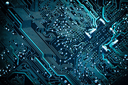 Circuit board. Electronic computer hardware technology. Motherboard digital chip. Tech science background. Integrated communication processor. Information engineering component. Blue color.